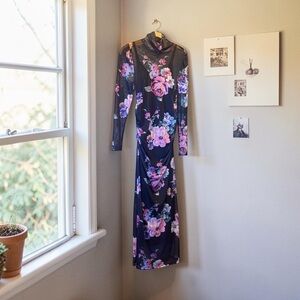 Motherhood Maternity Floral Mesh Maxi Dress Sheer Bodycon Mock Neck New Small